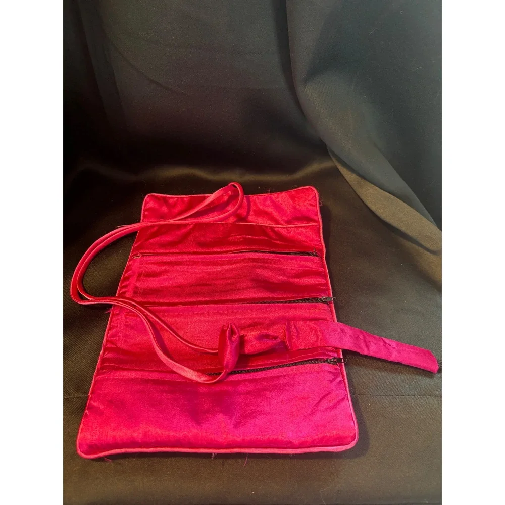Vintage Pink Satin Floral Brocade Jewelry Roll Travel Organizer Case Zippered